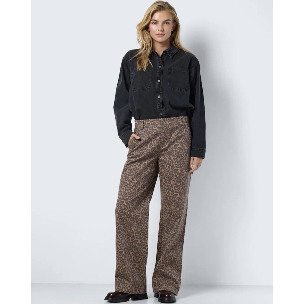 NOISY MAY Women's Brown Leopard Print Straight Leg Jeans Pants Medium